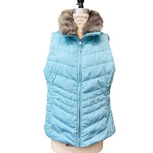 Talbots Puffer Down Vest Faux Fur Removable Collar Filled Size L  Teal Green